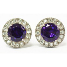 Cubic Zirconia White Gold Plated Sterling Silver Stud Earrings with Amethyst