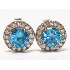 Cubic Zirconia White Gold Plated Sterling Silver Stud Earrings with Aquamarine