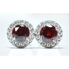 Cubic Zirconia White Gold Plated Sterling Silver Stud Earrings with Garnet