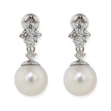 Natural 11 mm Pearl and 1.00 ct Diamond Accent 14k White Gold Drop Earrings