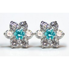 Sterling Silver Aquamarine Cubic Zirconia Ladies Cluster Stud Earrings