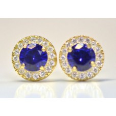 Cubic Zirconia Gold Plated Sterling Silver Stud Earrings with Sapphire 