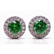 Cubic Zirconia White Gold Plated Sterling Silver Stud Earrings with Emerald
