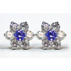 Sterling Silver Sapphire Cubic Zirconia Ladies Cluster Stud Earrings